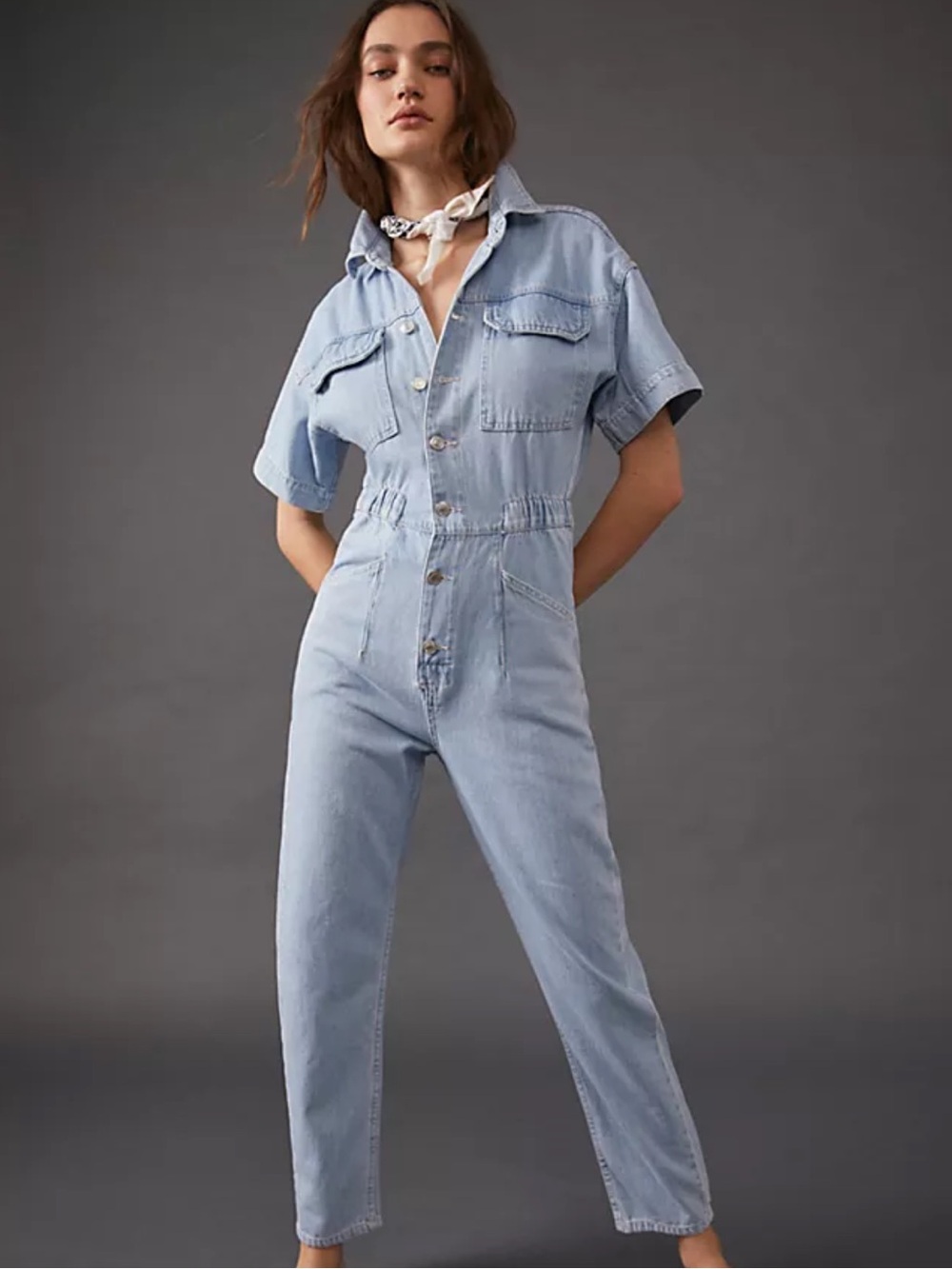 FREE PEOPLE Denim MARCI Coverall Jean Jumpsuit with Snap Pockets Clear Skies - Picture 3 of 12